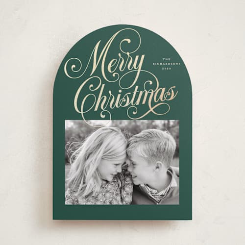 This is a balsam foil pressed holiday cards with foil pressed by Jessica Williams called peppermint twist printing on recycled smooth signature in standard