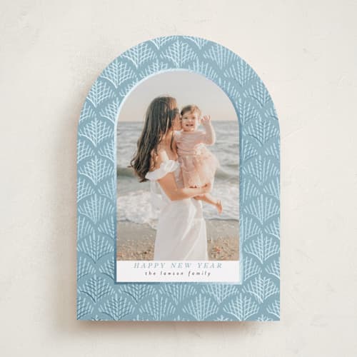 This is a aquamarine foil pressed holiday cards with foil pressed by Tamara Hilje called palmdeco printing on recycled smooth signature in standard