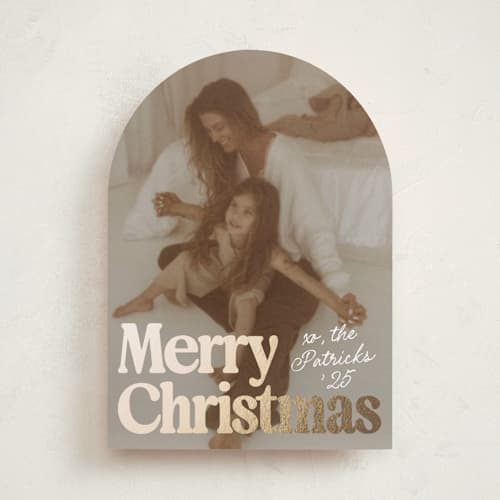 This is a snowfall foil pressed holiday cards with foil pressed by Everett Paper Goods called vintage classic printing on recycled smooth signature in standard