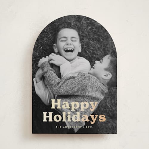 This is a eggnog foil pressed holiday cards with foil pressed by Katherine Moynagh called bold modern printing on recycled smooth signature in standard