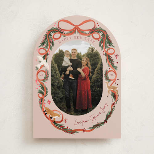 This is a scarlet foil pressed holiday cards with foil pressed by Elly called winter ribbon printing on recycled smooth signature in standard