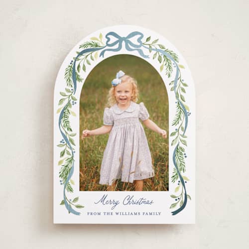 This is a moonlight foil pressed holiday cards with foil pressed by Sarah Knight called ribbon arch printing on recycled smooth signature in standard