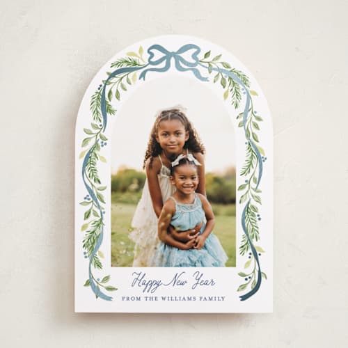 This is a moonlight foil pressed holiday cards with foil pressed by Sarah Knight called ribbon arch printing on recycled smooth signature in standard