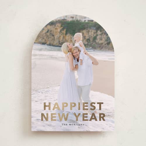 This is a ink foil pressed holiday cards with foil pressed by Angela Thompson called gilded happiness printing on recycled smooth signature in standard