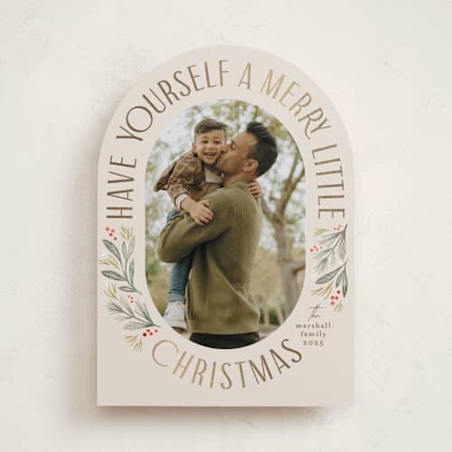 This is a linen foil pressed holiday cards with foil pressed by Karidy Walker called merry little christmas time printing on recycled smooth signature in standard