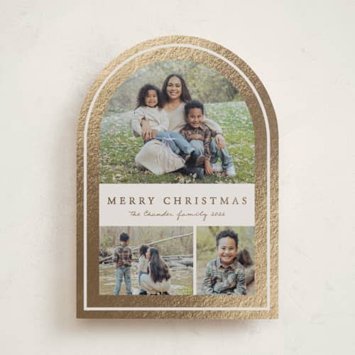 This is a cookie dough foil pressed holiday cards with foil pressed by Brianne Larsen called arch border printing on recycled smooth signature in standard
