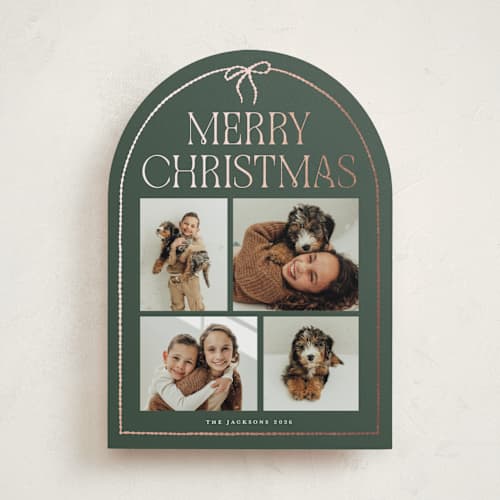 This is a forest foil pressed holiday cards with foil pressed by Vivian Yiwing called frame bow printing on recycled smooth signature in standard