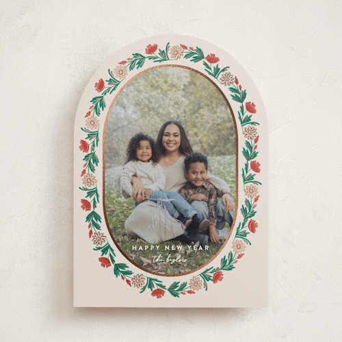 This is a eggnog foil pressed holiday cards with foil pressed by Amy Kross called laurel edge printing on recycled smooth signature in standard