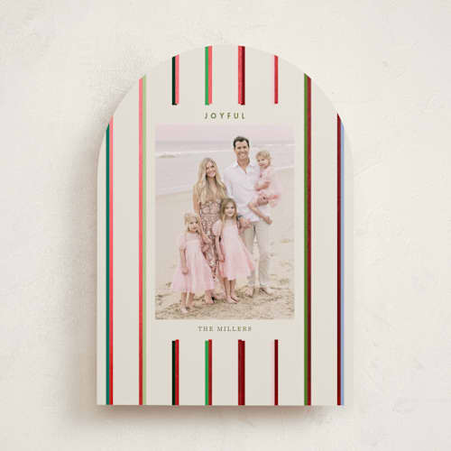 This is a champagne foil pressed holiday cards with foil pressed by Baumbirdy called colorful stripes printing on recycled smooth signature in standard