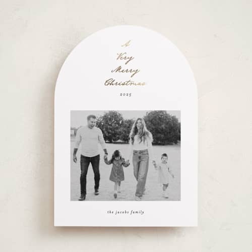 This is a snow foil pressed holiday cards with foil pressed by Ashley Iwafuchi called scripted tree printing on recycled smooth signature in standard