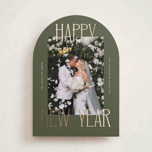 This is a juniper foil pressed holiday cards with foil pressed by Kelly Watkins called maeve printing on recycled smooth signature in standard