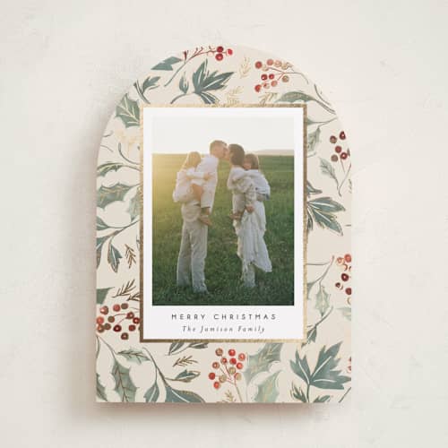 This is a vanilla foil pressed holiday cards with foil pressed by Rebecca Durflinger called christmas wrapping printing on recycled smooth signature in standard