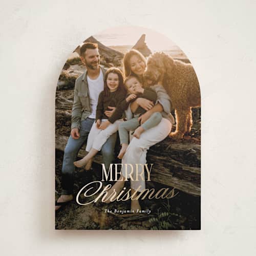 This is a vanilla foil pressed holiday cards with foil pressed by Rebecca Durflinger called festive greeting printing on recycled smooth signature in standard