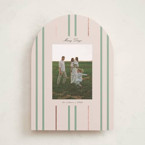 This is a sage foil pressed holiday cards with foil pressed by Morgan Kendall called picture rail printing on recycled smooth signature in standard