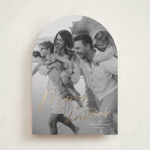 This is a snowflake foil pressed holiday cards with foil pressed by Wildfield Paper Co called signature printing on recycled smooth signature in standard