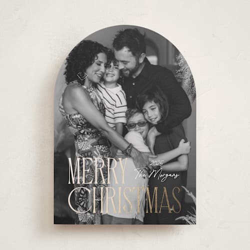 This is a halo foil pressed holiday cards with foil pressed by Kacey Kendrick Wagner called merry embrace printing on recycled smooth signature in standard