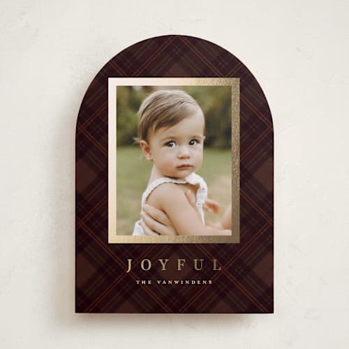 This is a cranberry foil pressed holiday cards with foil pressed by Olivia Kanaley Inman called balmoral green printing on recycled smooth signature in standard