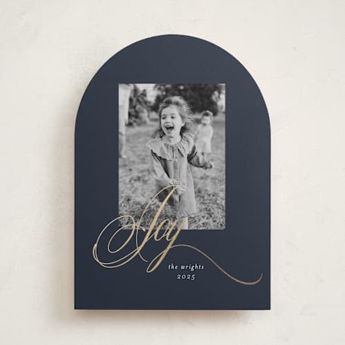 This is a midnight foil pressed holiday cards with foil pressed by Melinda Denison called joy printing on recycled smooth signature in standard