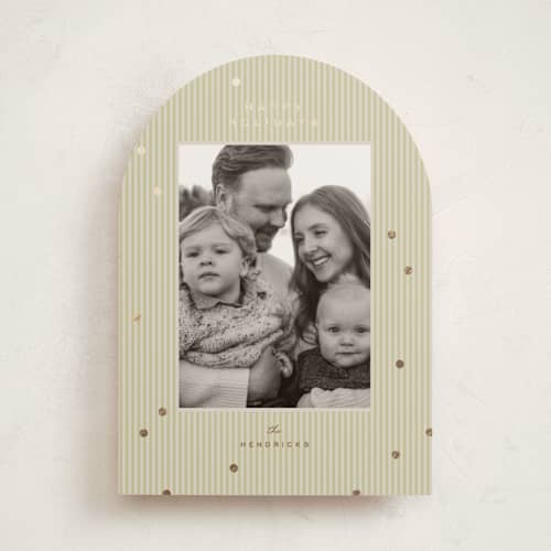 This is a olive foil pressed holiday cards with foil pressed by Ellen Schlegelmilch called tiny polka dots printing on recycled smooth signature in standard