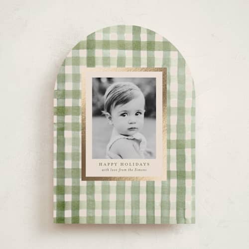 This is a sage foil pressed holiday cards with foil pressed by Meagan Christensen called gingham printing on recycled smooth signature in standard