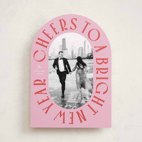 This is a peppermint new year photo cards with standard by Erin German called cheers to a bright new year printing on recycled smooth signature in standard