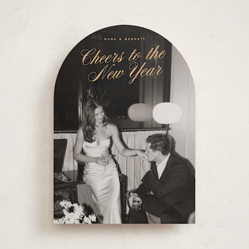 This is a apricot new year photo cards with standard by Ekko Studio called classy cheer printing on recycled smooth signature in standard