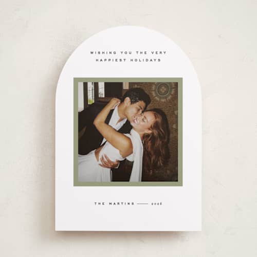 This is a sage holiday photo cards with standard by JoAnn Jinks called minimal border printing on recycled smooth signature in standard