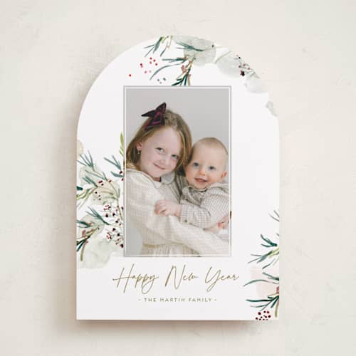 This is a sage holiday photo cards with standard by Eve Schultz called tossed printing on recycled smooth signature in standard