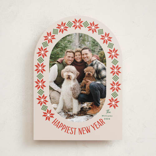 This is a linen holiday photo cards with standard by Karidy Walker called cozy knit christmas printing on recycled smooth signature in standard