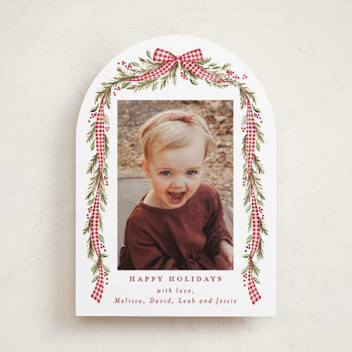 This is a stocking holiday photo cards with standard by Sarah Knight called gingham ribbon garland printing on recycled smooth signature in standard