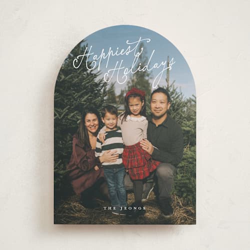 This is a snow holiday photo cards with standard by Angela Garrick called happy curly script printing on recycled smooth signature in standard