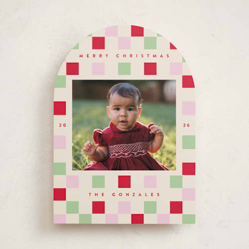 This is a cranberry holiday photo cards with standard by Katie Zimpel called happy checkers printing on recycled smooth signature in standard