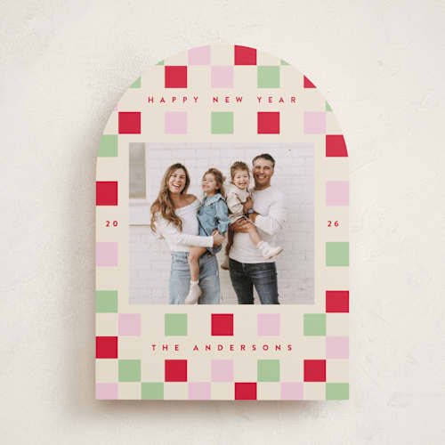 This is a cranberry holiday photo cards with standard by Katie Zimpel called happy checkers printing on recycled smooth signature in standard