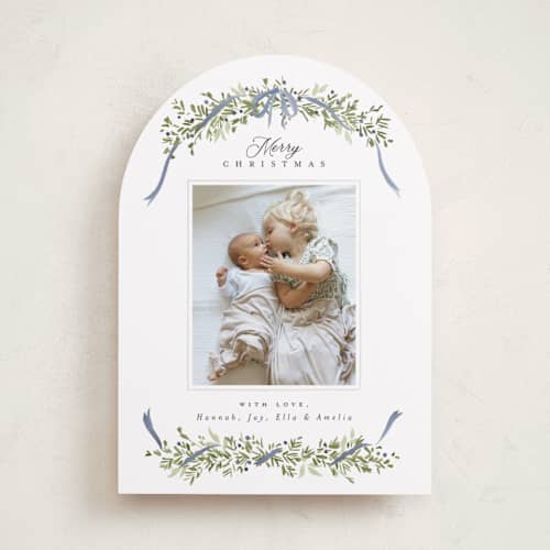 This is a blue spruce holiday photo cards with standard by Everett Paper Goods called boughs of pine printing on recycled smooth signature in standard