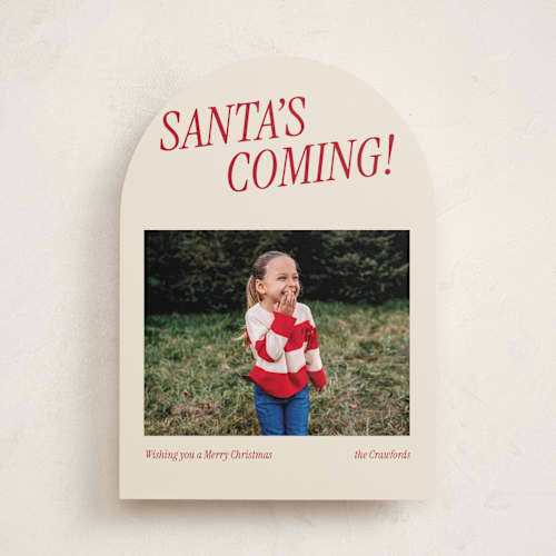 This is a candy cane holiday photo cards with standard by Angela Garrick called santa's coming printing on recycled smooth signature in standard