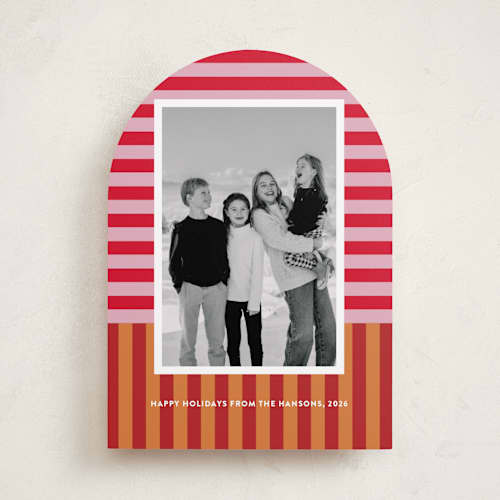 This is a nutmeg holiday photo cards with standard by Shari Margolin called festive stripes printing on recycled smooth signature in standard