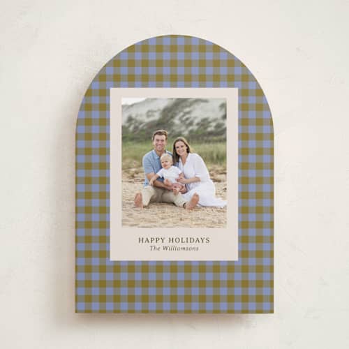 This is a blueberry holiday photo cards with standard by Beth Vassalo called cozy gingham printing on recycled smooth signature in standard