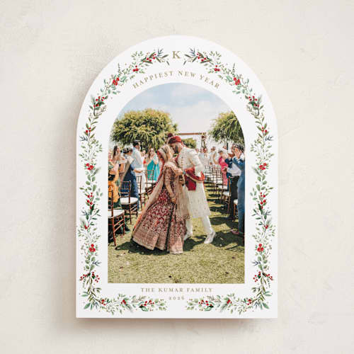 This is a crimson holiday photo cards with standard by Susan Moyal called petite botanicals printing on recycled smooth signature in standard