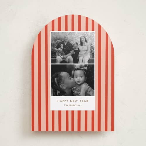 This is a candy cane holiday photo cards with standard by Bethan called striped snaps printing on recycled smooth signature in standard