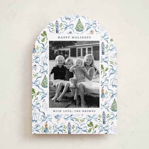 This is a blue ribbon holiday photo cards with standard by Sarah Knight called nutcracker ribbons printing on recycled smooth signature in standard