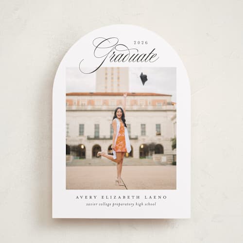 This is a swan graduation announcements with standard by Jennifer Postorino called classical grad printing on recycled smooth signature in standard