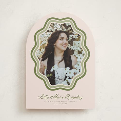 This is a matcha graduation announcements with standard by Melanie Kosuge called scalloped printing on recycled smooth signature in standard