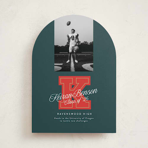 This is a forest graduation announcements with standard by Leia Matt called varsity initial printing on recycled smooth signature in standard