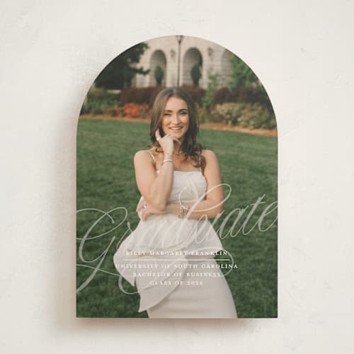 This is a pearl graduation announcements with standard by Paper Raven Co. called savannah script printing on recycled smooth signature in standard