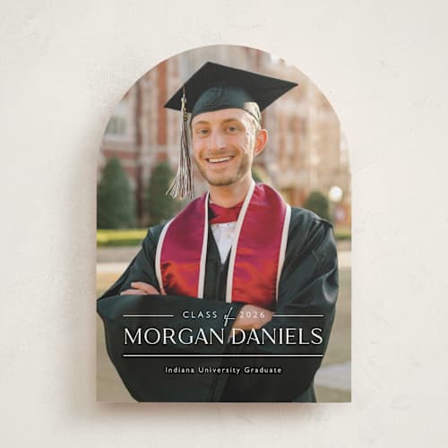 This is a eggshell graduation announcements with standard by Carolyn MacLaren called grad in overlay printing on recycled smooth signature in standard