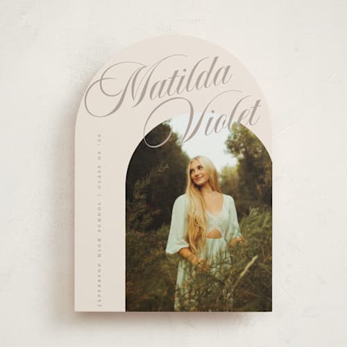 This is a almond graduation announcements with standard by Morgan Kendall called modern curves printing on recycled smooth signature in standard