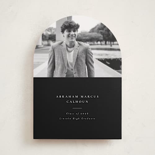 This is a noir graduation announcements with standard by Meggy Masters called distinguished printing on recycled smooth signature in standard