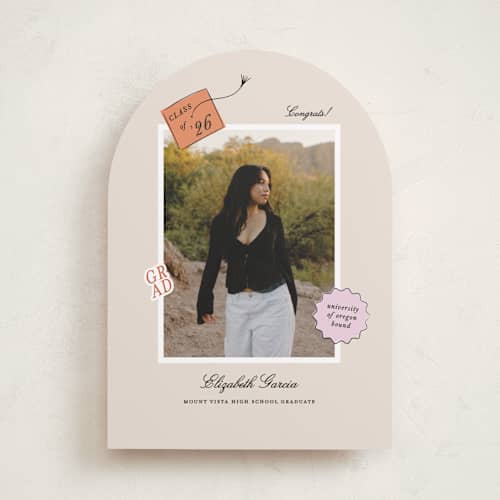 This is a apricot graduation announcements with standard by Ashley Iwafuchi called grad vibes printing on recycled smooth signature in standard