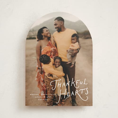 This is a powder thanksgiving cards invitations with standard by Erin L. Wilson called our thankful hearts printing on recycled smooth signature in standard