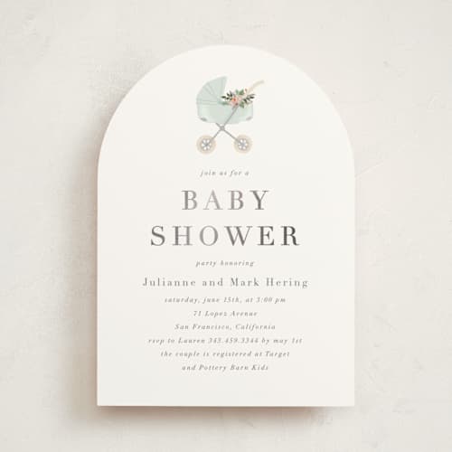 This is a mint foil stamped baby shower invitations with foil pressed by Juliana Zimmermann called love and flowers printing on signature in standard